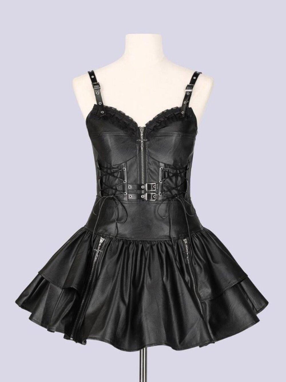IMVAL Women's Black Faux Leather Layered Frill Dress One Size